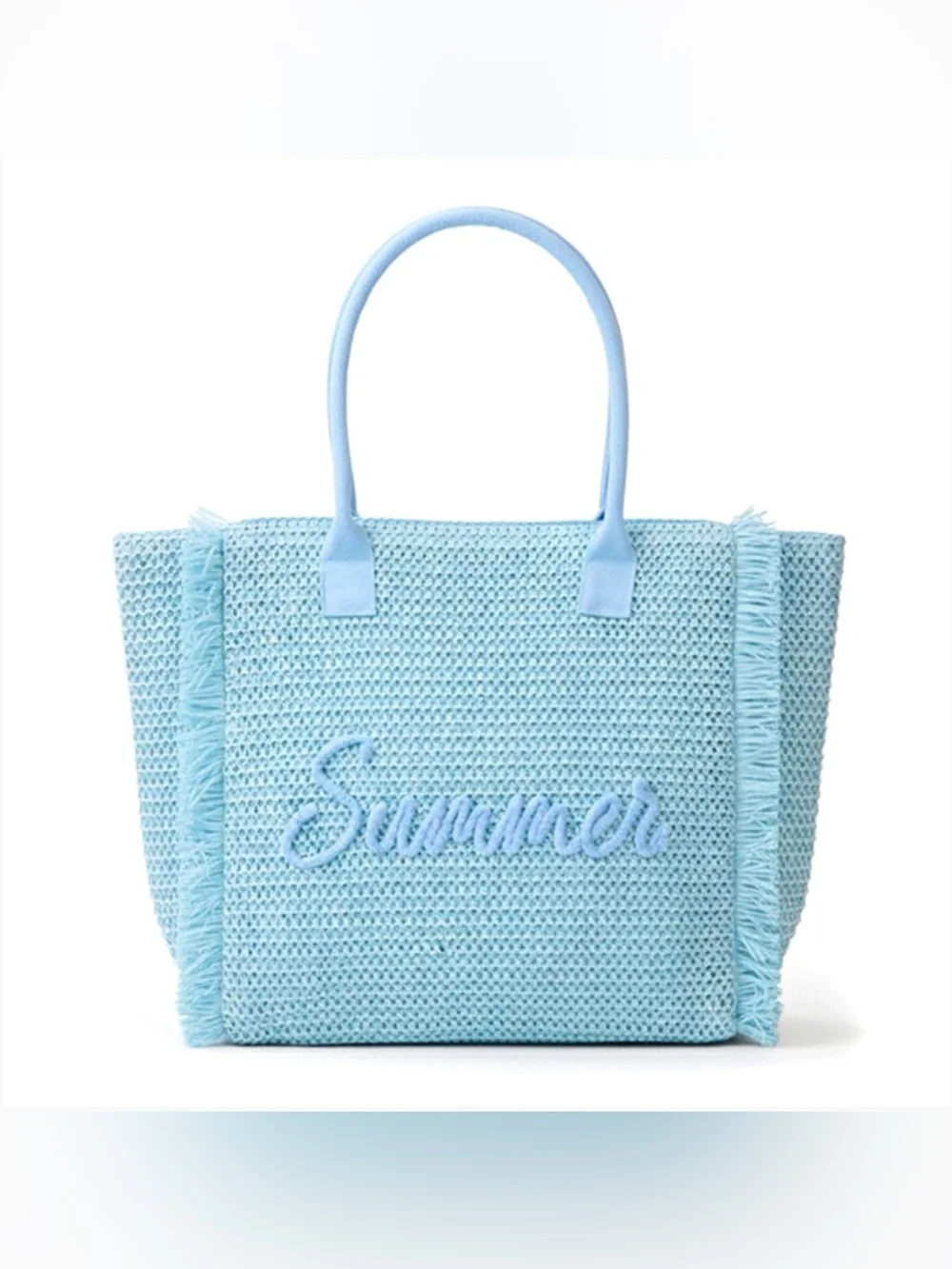 Blue Woven Straw Summer Script Embroidered Fringe Tote - Picture 2 of 3
